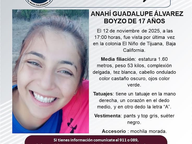Se busca a Anahí Guadalupe Álvarez Boyzo de 17 años de edad