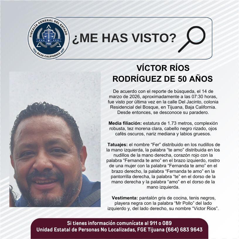 Fue visto por última vez el 14 de marzo de 2026.