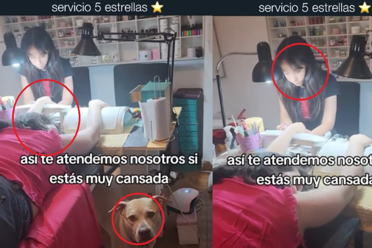 Manicurista graba a clienta dormida sobre cama de masaje con las manos extendidas durante el tratamiento