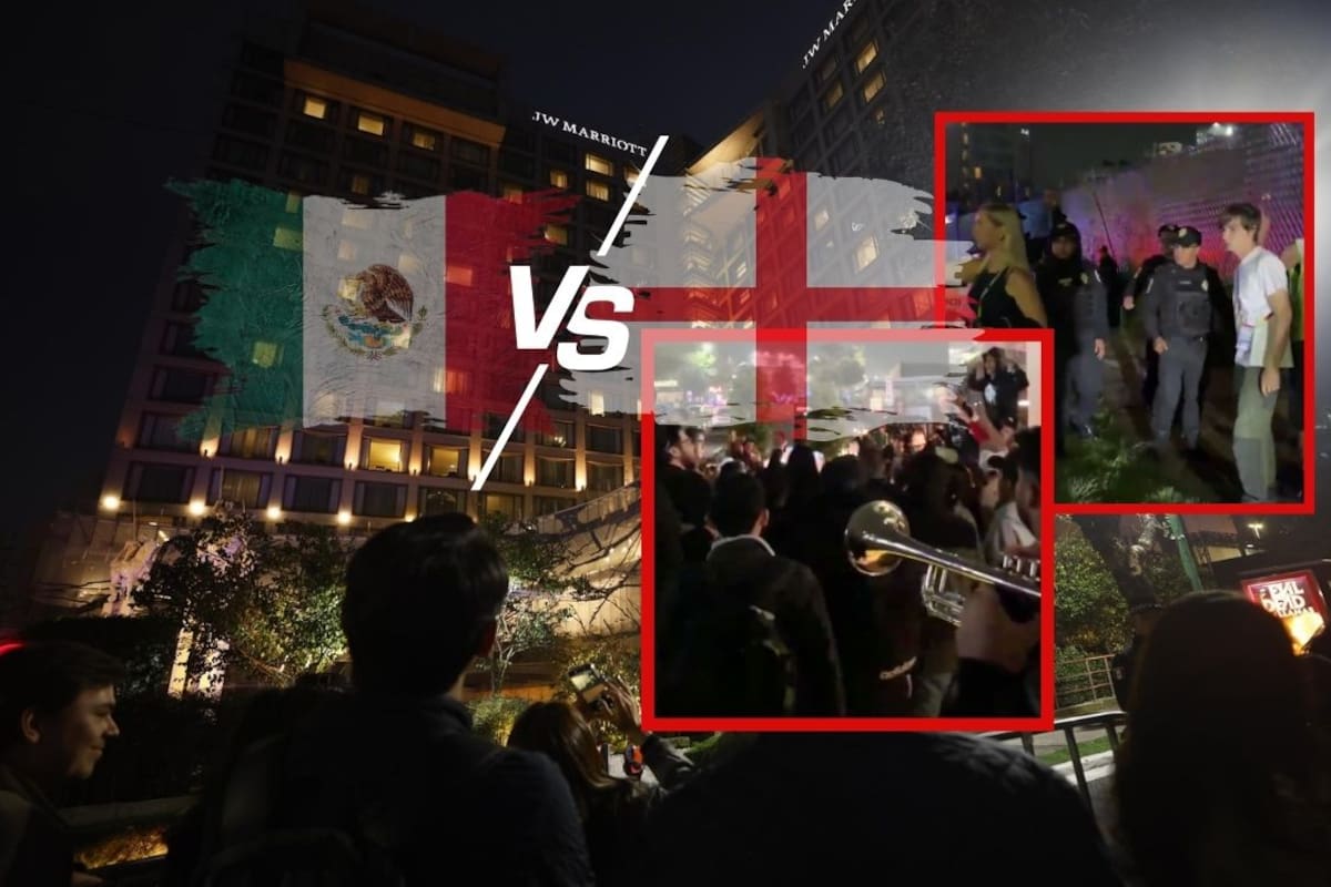 Afición mexicana sí llegó con tambora y pirotecnia al hotel de Inglaterra pese al blindaje, pero la policía terminó por retirarla
