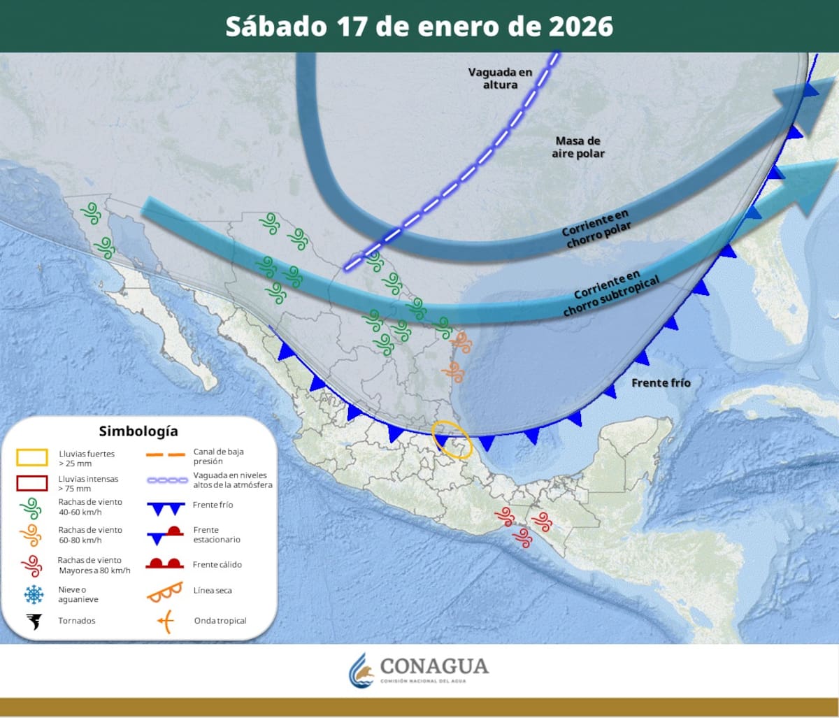 Pronóstico del clima para el sábado 17 de enero del 2026. | Crédito: SMN