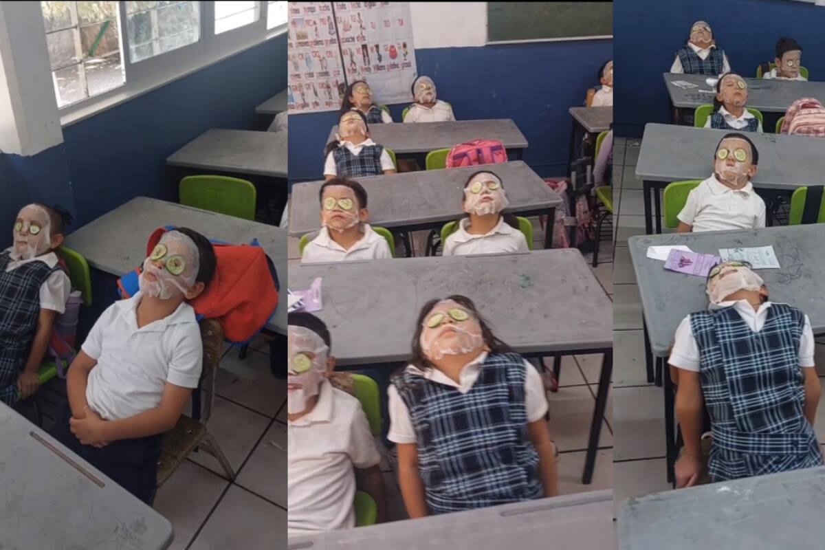 Para soportar el calor, una profesora le pone mascarillas faciales a sus pequeños alumnos | VIDEO