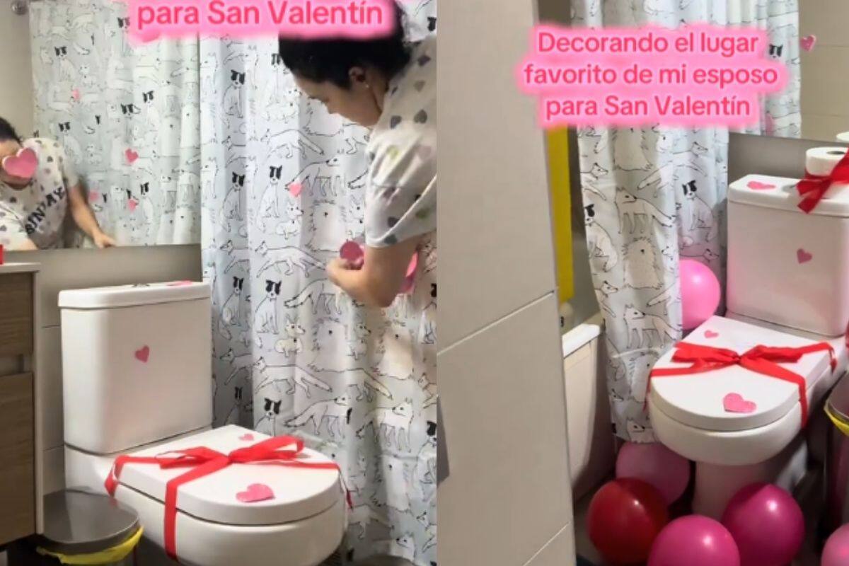 Mujer decora el inodoro a su esposo en San Valentín; es “su lugar favorito”