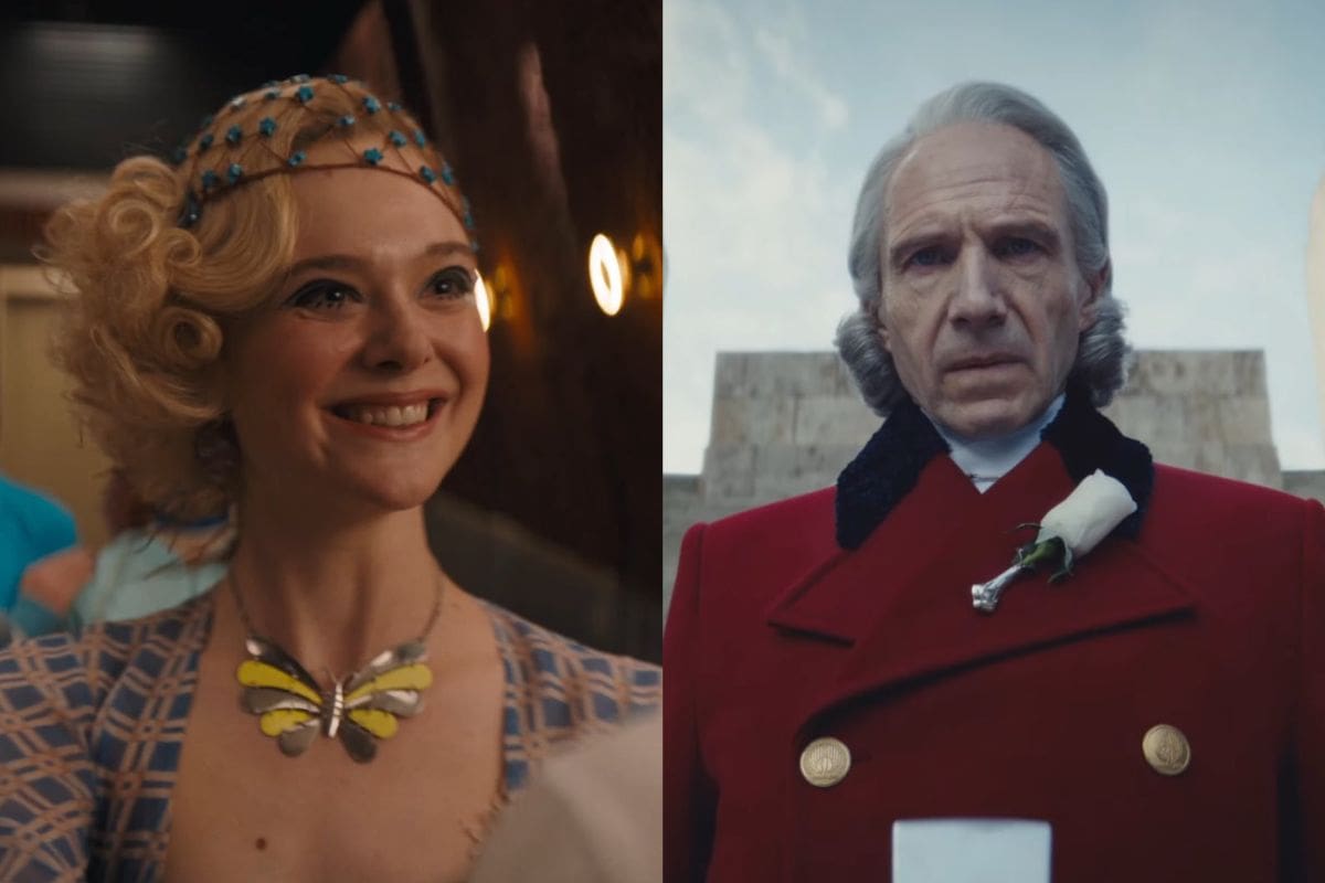 Elle Fanning como Effie Trinket y Ralph Fiennes como el presidente Snow