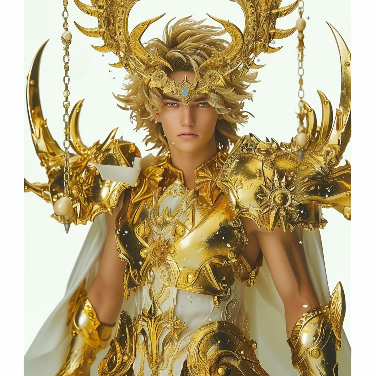 El Viejo Maestro, Dohko, cautiva con su imponente armadura dorada, reinterpretado con elegancia por la IA