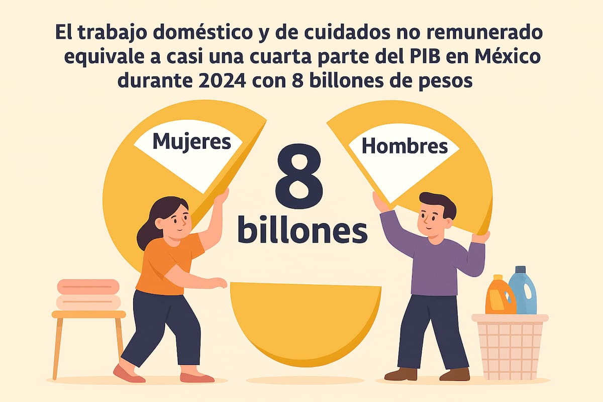 El trabajo doméstico y de cuidados no remunerado equivale a casi una cuarta parte del PIB en México durante 2024 con 8 billones de pesos y las mujeres aportan más del doble que los hombres