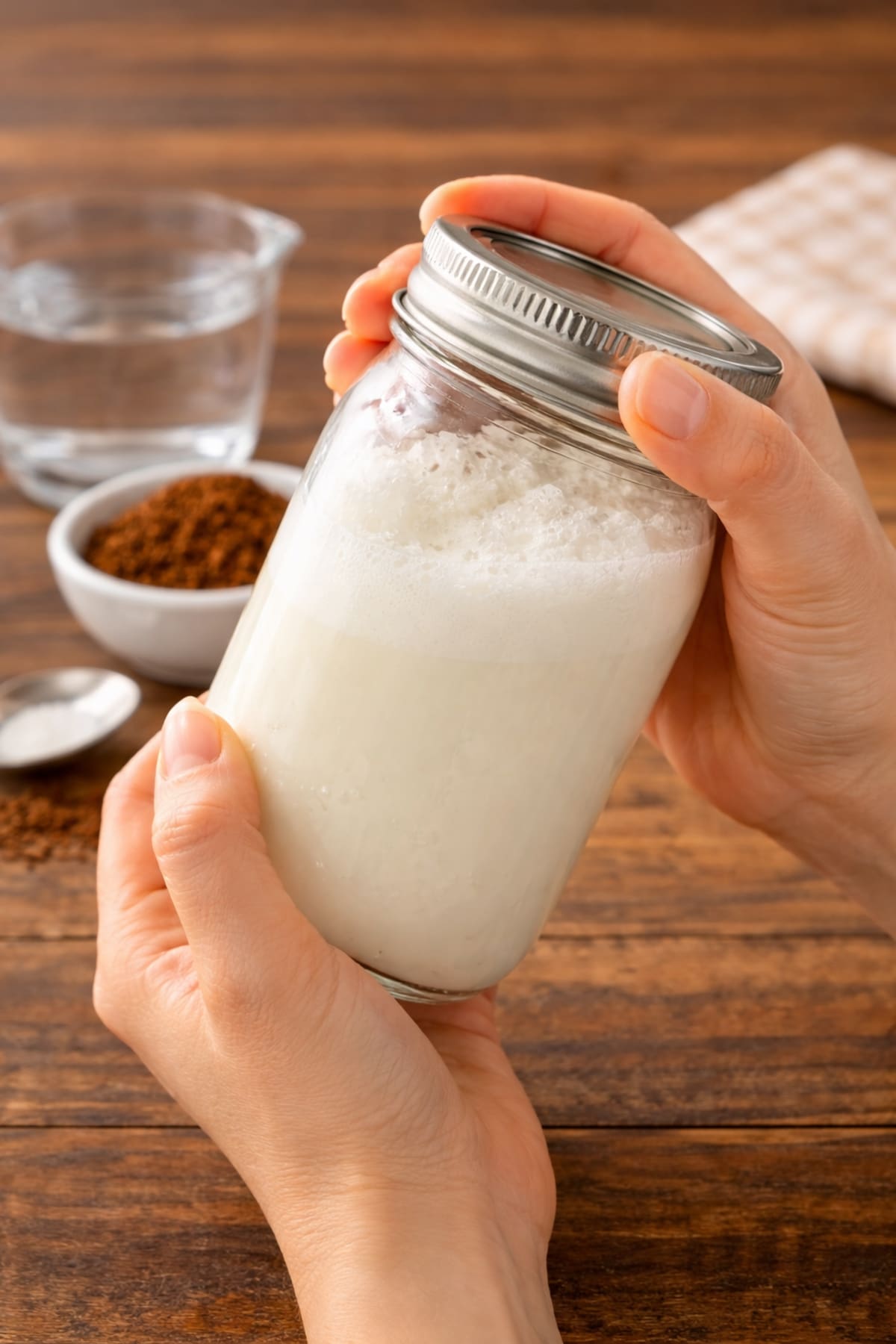 Puedes realizar el "método del frasco" para espumar la leche de tu capuchino casro | Imagen hecha con IA