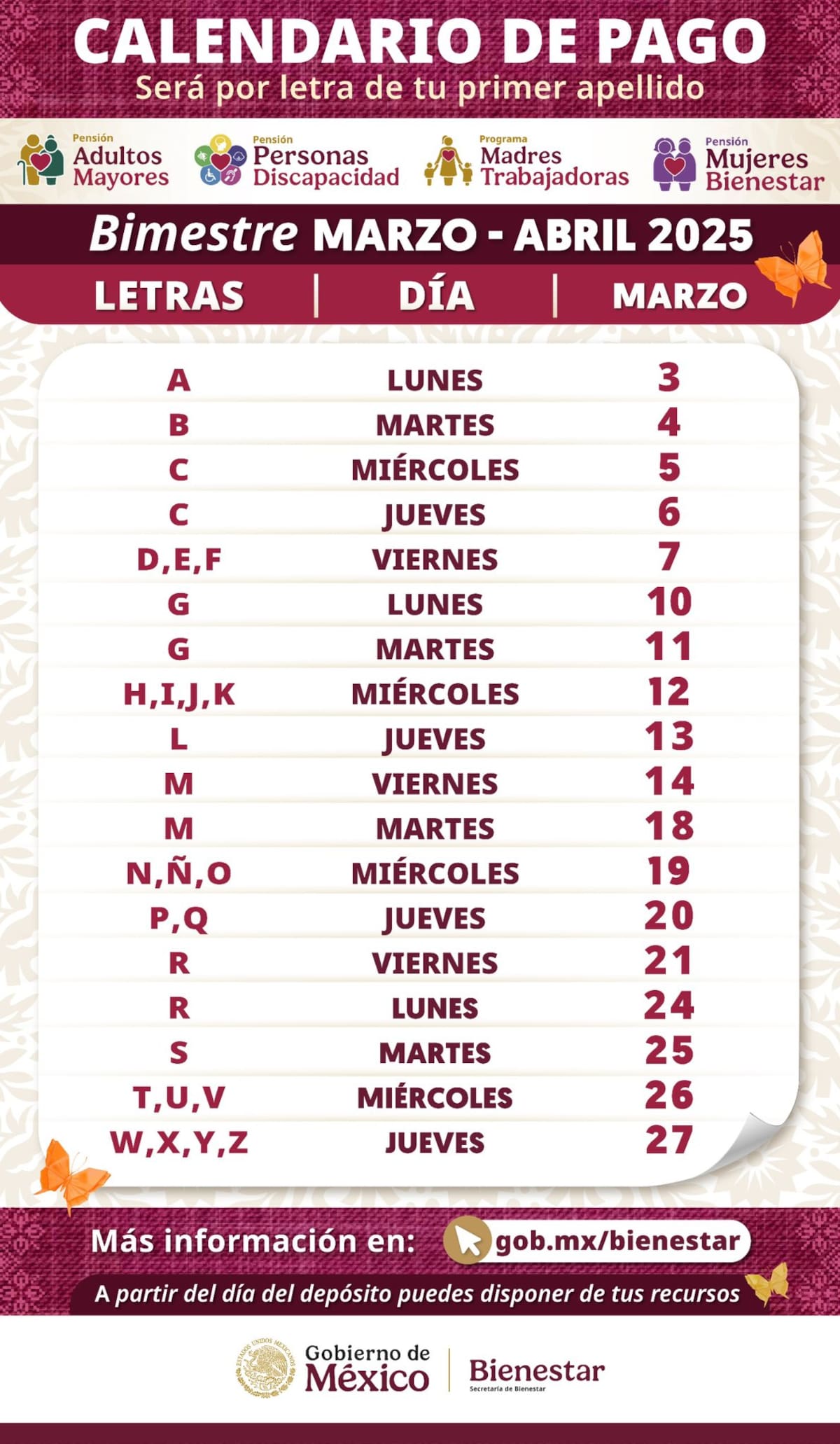 La Secretaría de Bienestar dio a conocer el calendario de pagos de la Pensión del Bienestar