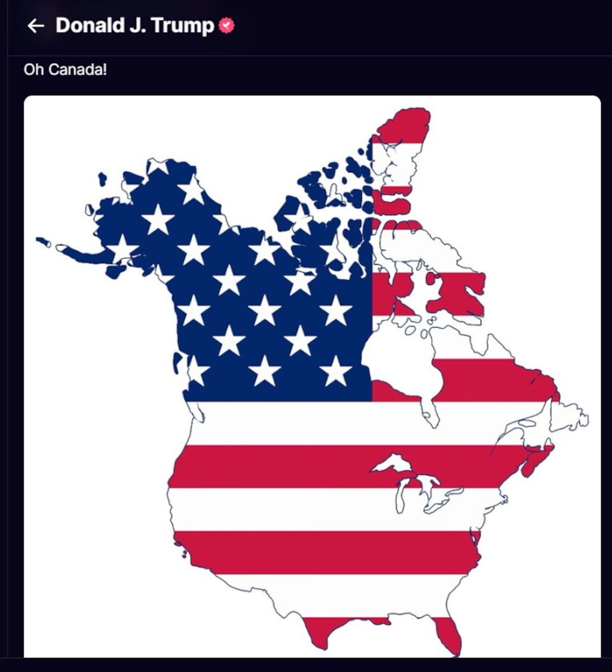 Donald Trump publicó dos mapas en Truth Social mostrando cómo sería EU si Canadá y Groenlandia se integraran como estados. Foto: Captura de video