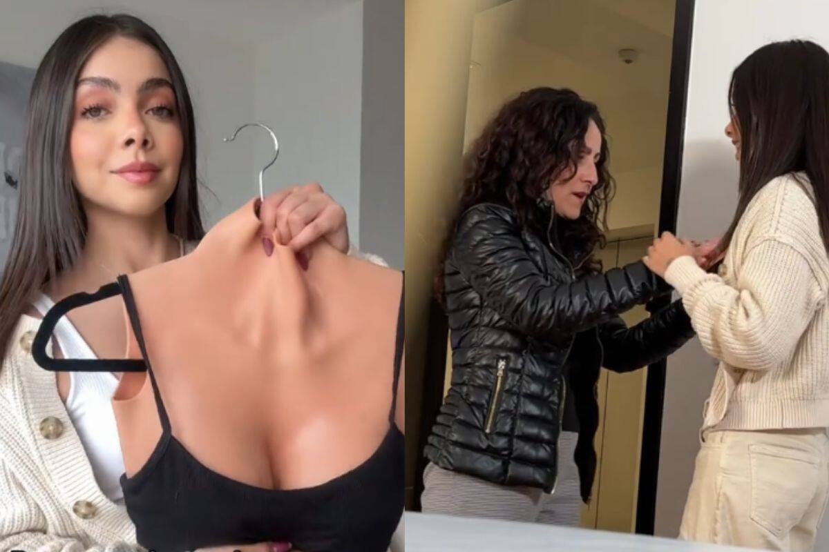 Le hace creer que se pone implantes en los pechos para ver la reacción de su madre