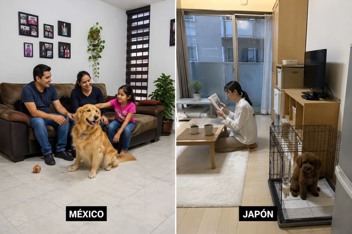 Mientras en México los animales domésticos disfrutan de libertad y cercanía dentro de la casa, en Japón las restricciones de espacio y tamaño marcan la manera en que las mascotas viven, reflejando prioridades de urbanismo, practicidad y estilo de vida. | Imagen hecha con ChatGPT