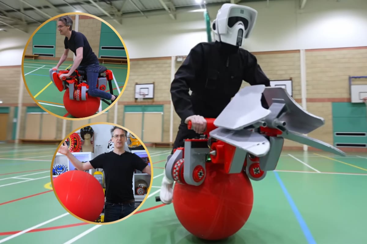 Un ingeniero sustituyó las ruedas de una moto por pelotas de pilates y creó un vehículo que puede avanzar, retroceder, moverse de lado y girar sobre su propio eje sin que el conductor tenga que mantener el equilibrio