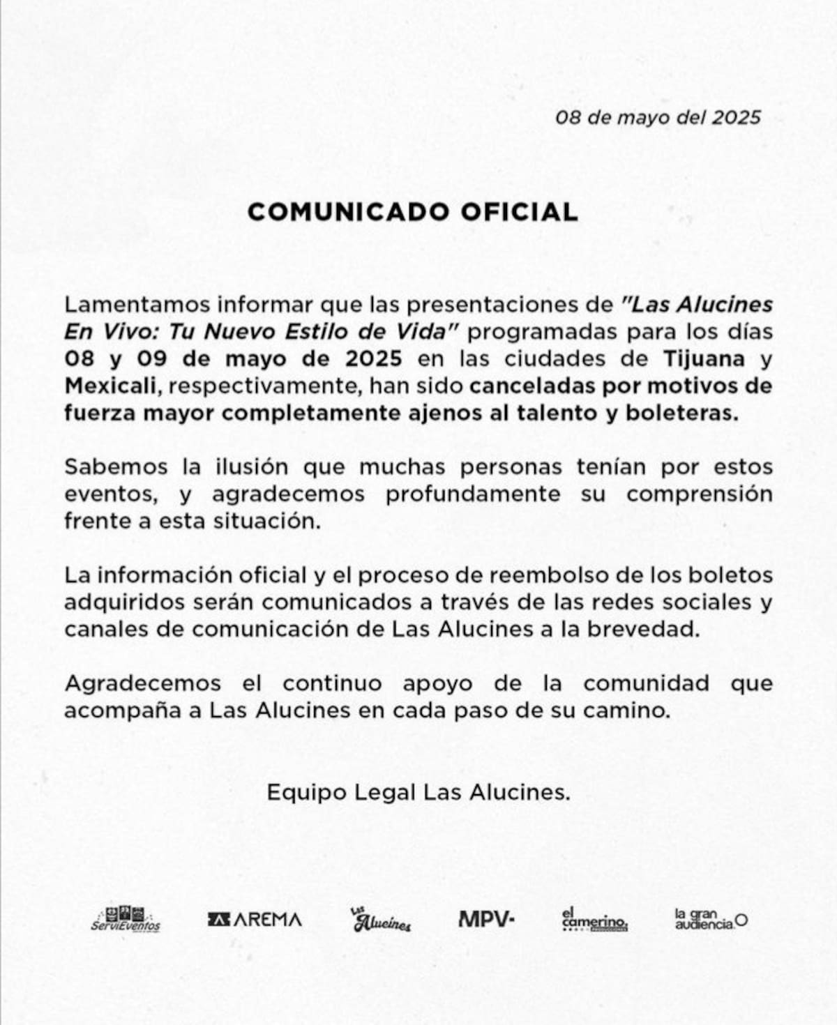 Comunicado en el que se anuncia la cancelación del show de "Las alucines".