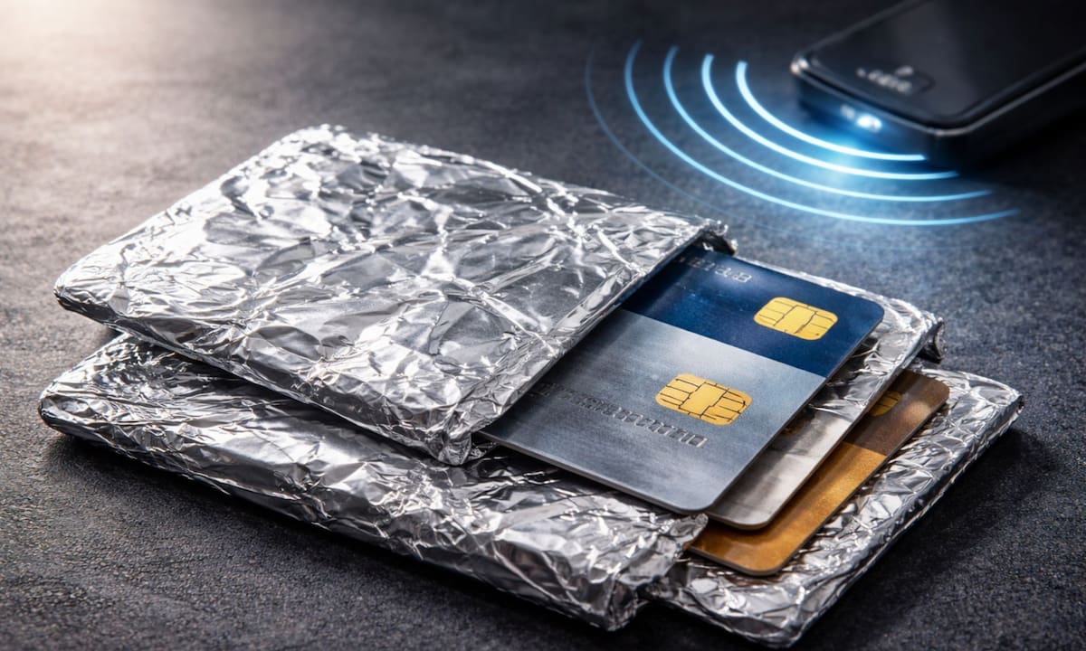 Expertos confirman que envolver sus tarjetas en papel aluminio crea una jaula de Faraday económica que bloquea las ondas de radio y evita el robo de datos bancarios en lugares concurridos | Imagen hecha con IA