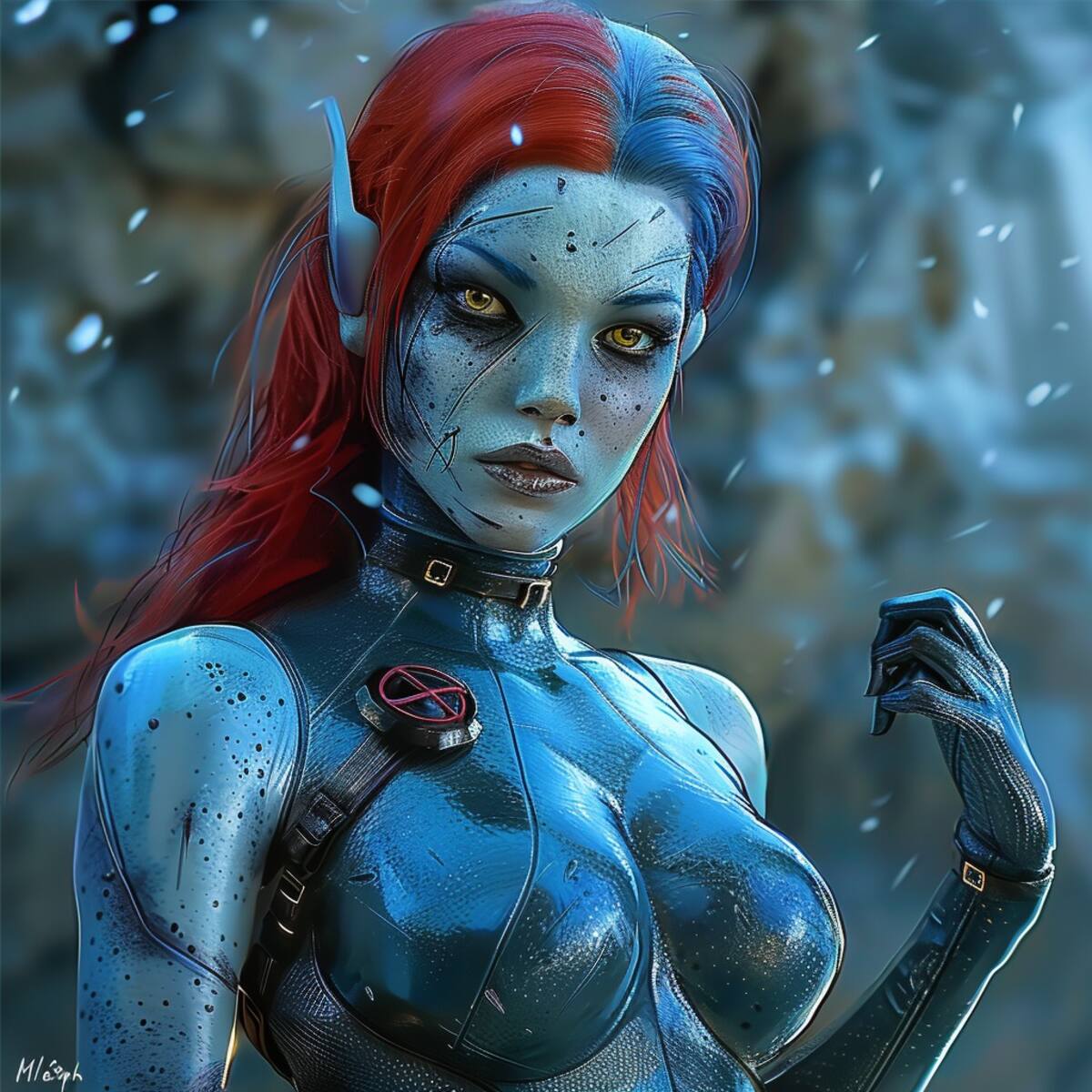La inteligencia artificial captura la esencia de Mystique con un cuerpo delgado y piel azul.