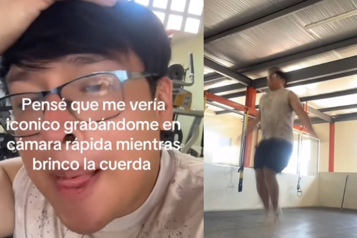 Joven se graba en el gimnasio saltando la cuerda y se ríe de cómo se ve en cámara rápida