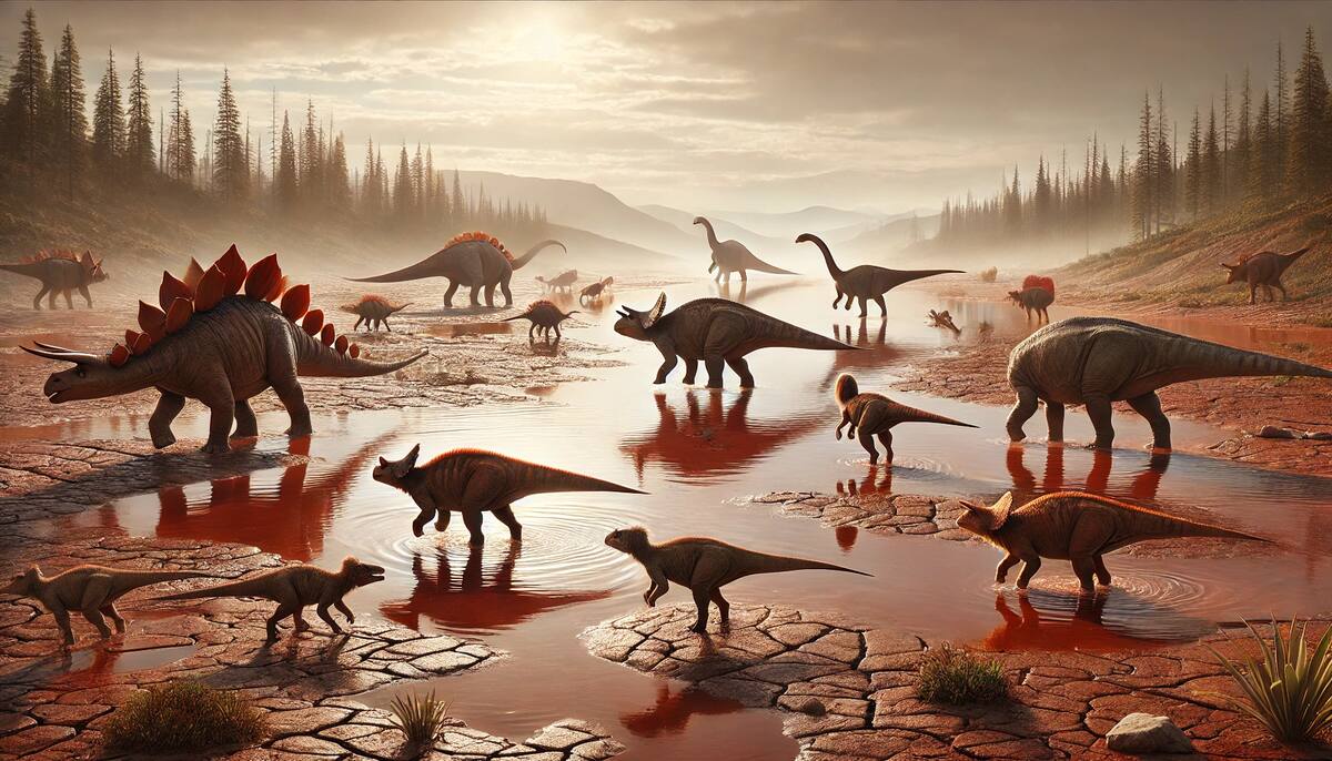 Imagen ilustrativa de dinosaurios caminando por una laguna hecha con IA (Chatgpt).