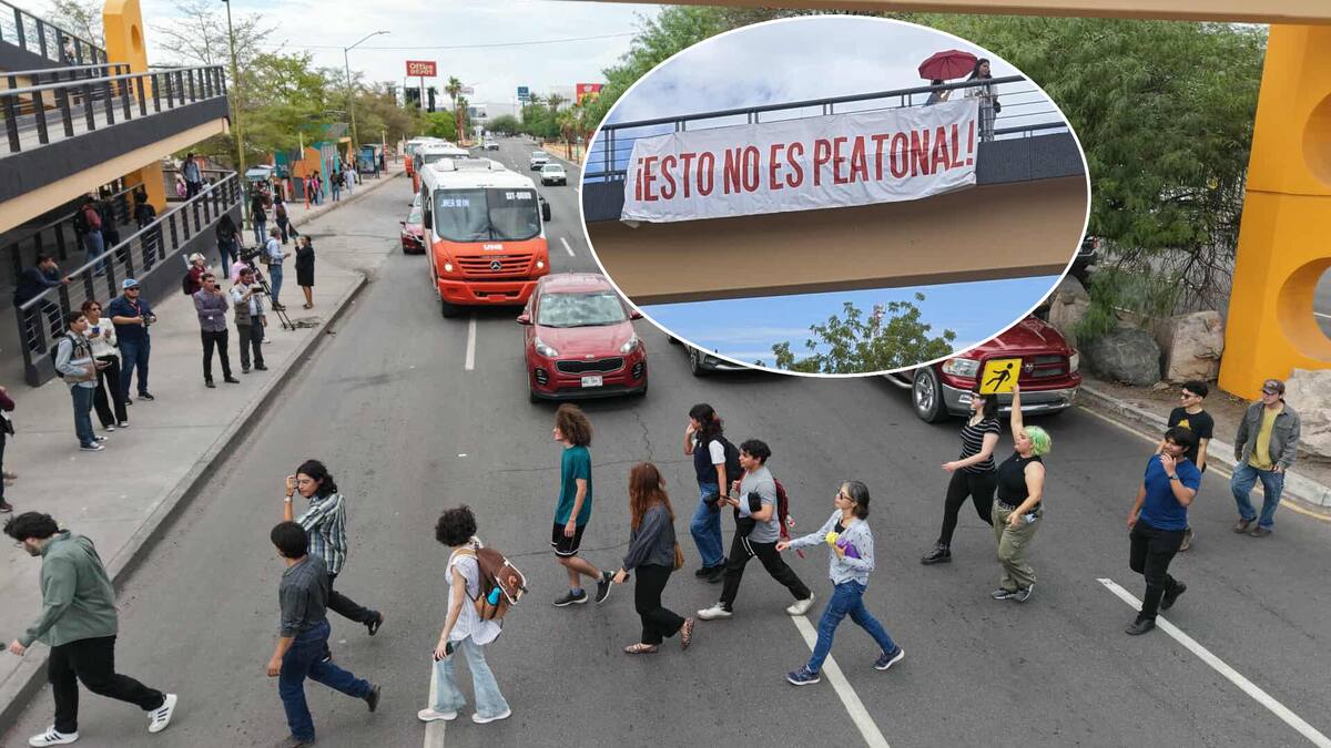 Protestan alumnos por puente de la Unison cruzando por abajo de él y con manta en contra; piden semáforo en su lugar