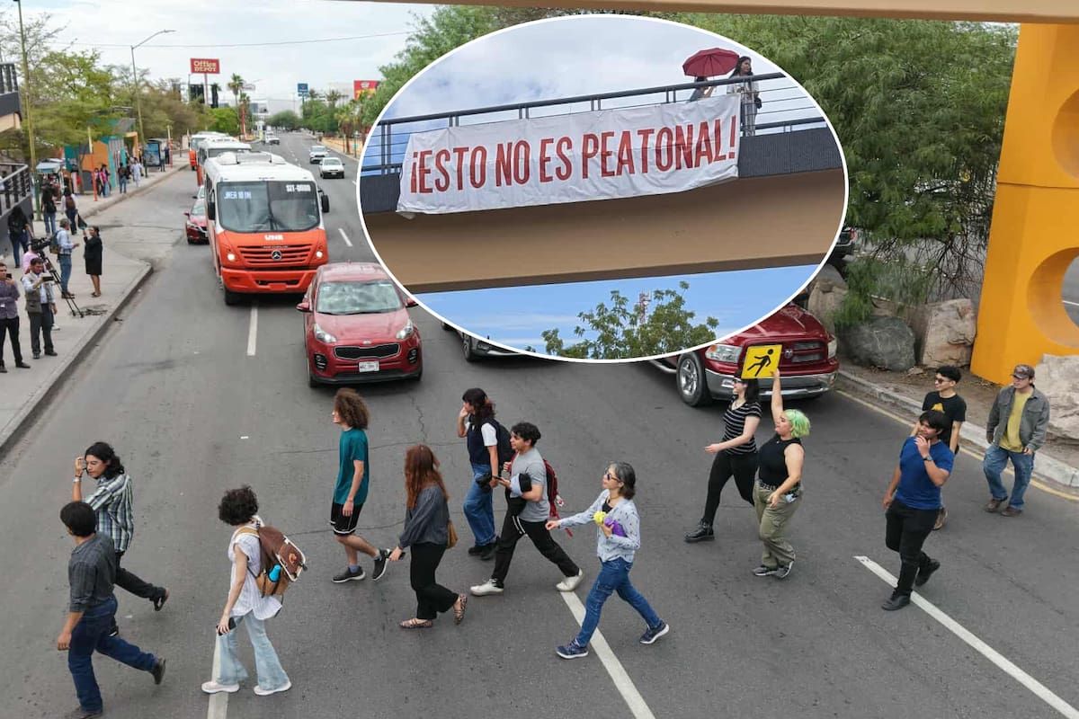 Protestan alumnos por puente de la Unison cruzando por abajo de él y con manta en contra; piden semáforo en su lugar