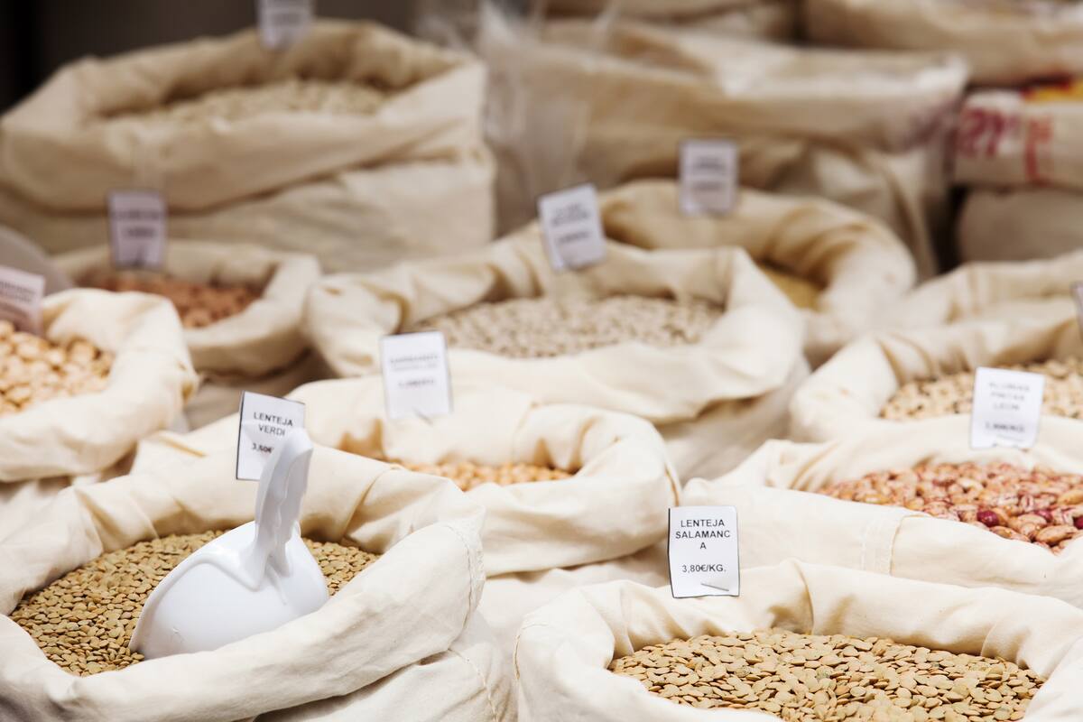 Various grains in bags on the market