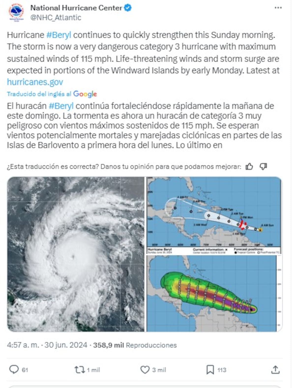La tormenta Beryl se fortalece este domingo, informa el NHC.