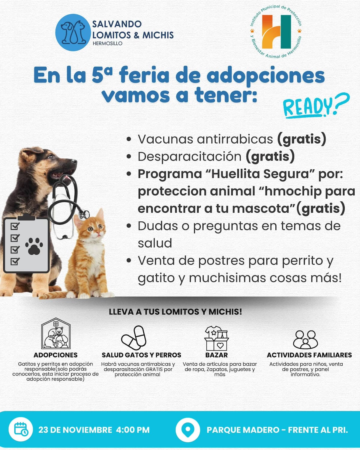 La jornada de adopción y donación será este 23 de noviembre. Foto: Especial