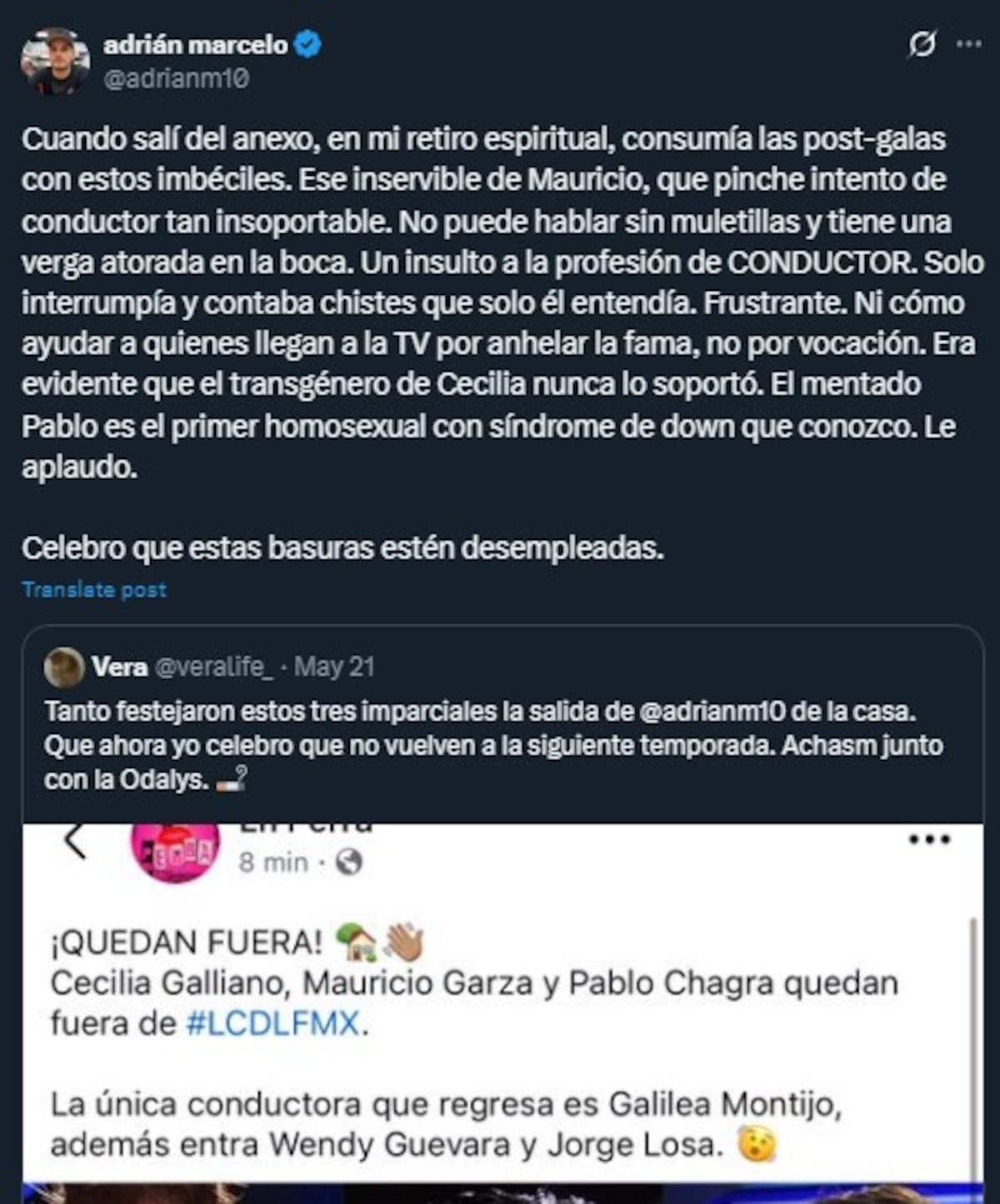 Adrián Marcelo arremete contra Mauricio Garza, Cecilia Galliano y Pablo Chagra / Cuenta de X: @adrianm10
