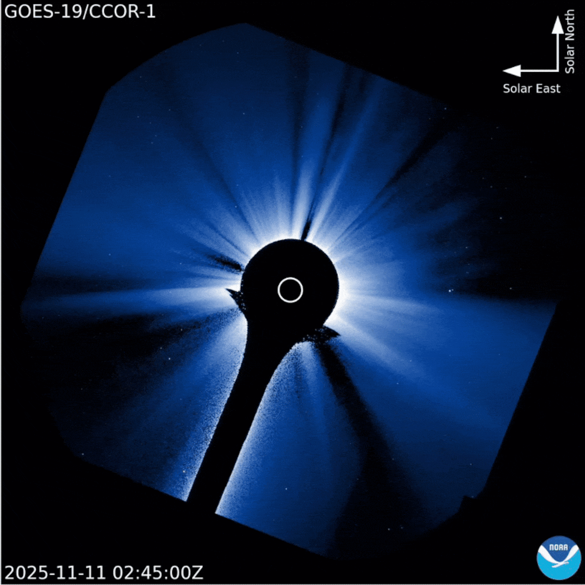 Las imágenes del coronógrafo muestran que la CME se elevó rápidamente esta mañana (11 de noviembre) (Foto: Centro de Predicción del Clima Espacial de la NOAA).