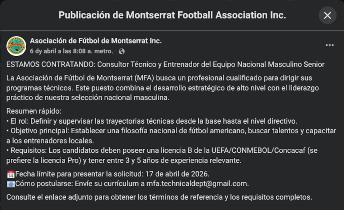 Publicación de la Federación de Futbol de Montserrat. (Foto: Captura de pantalla)