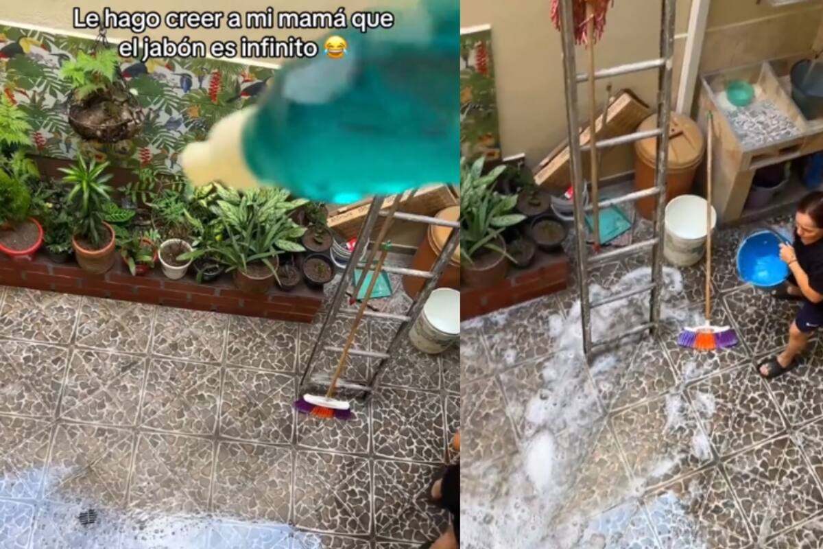 Joven le hace broma a su mamá de jabón infinito mientras barre y limpia el piso de su casa