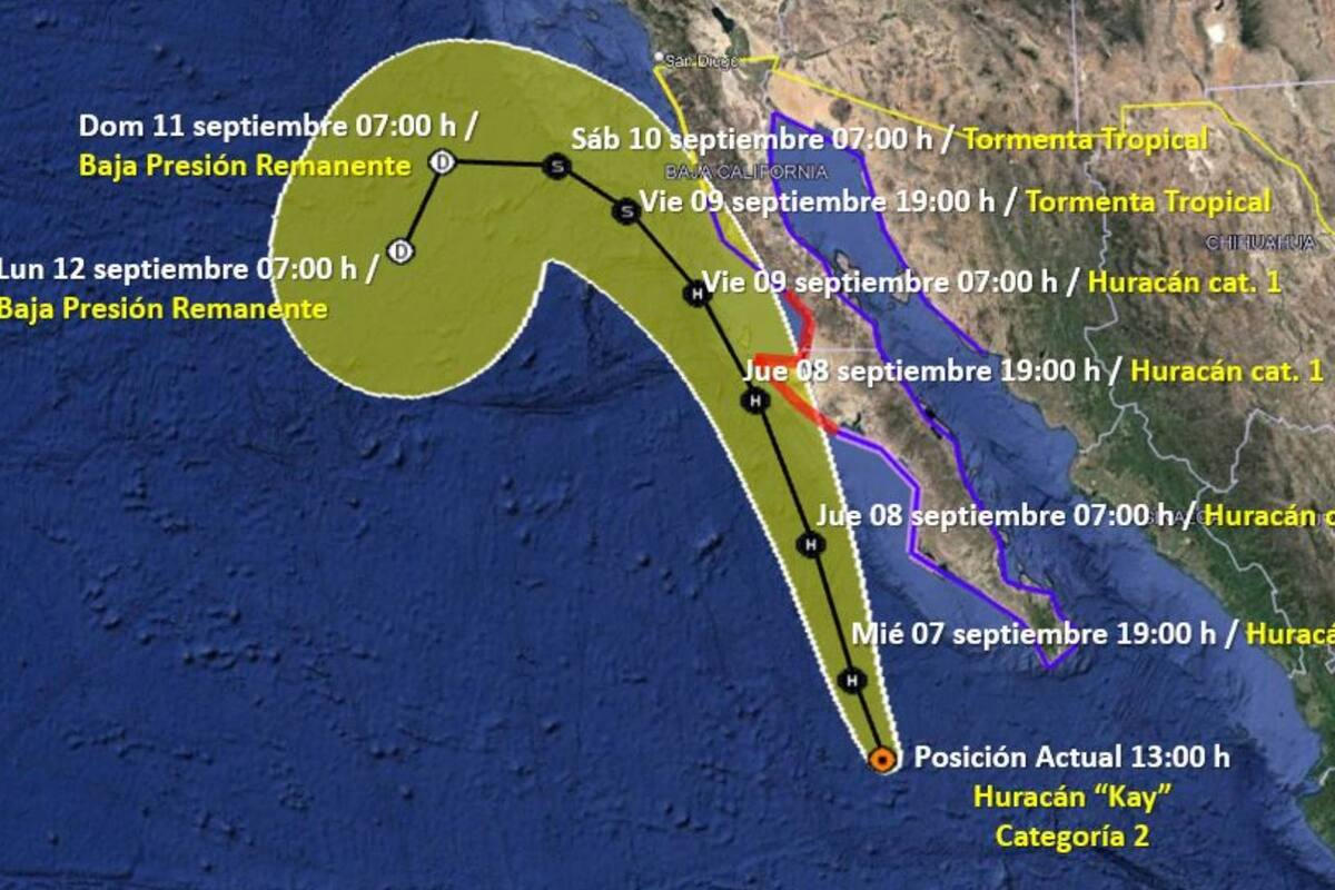 "Kay" se mantiene como huracán de categoría 2; su centro se localiza al suroeste de BCS