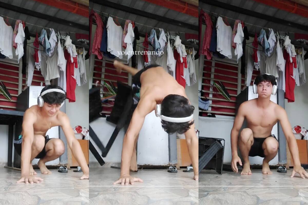 Joven rompe una mesa al intentar hacer ejercicio en casa: esta fue su reacción al darse cuenta (VIDEO)