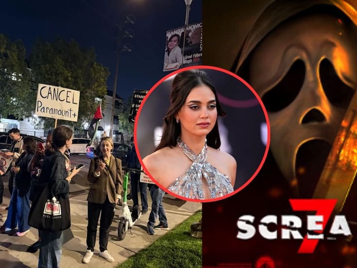Melissa Barrera reacciona a protestas por Palestina afuera de Paramount Studios durante la premiere mundial de “Scream 7″