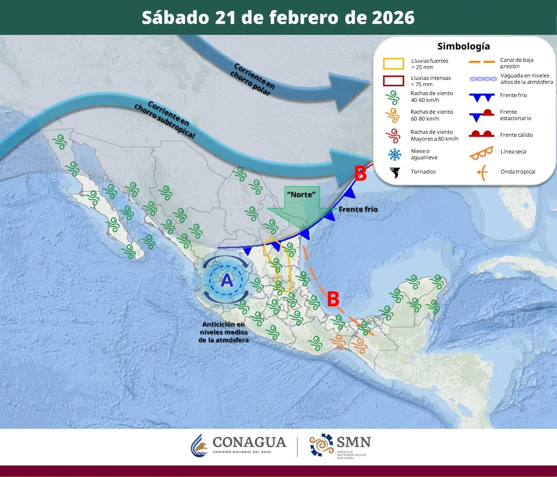 Pronóstico del clima para el sábado 21 de febrero del 2026. | Crédito: SMN
