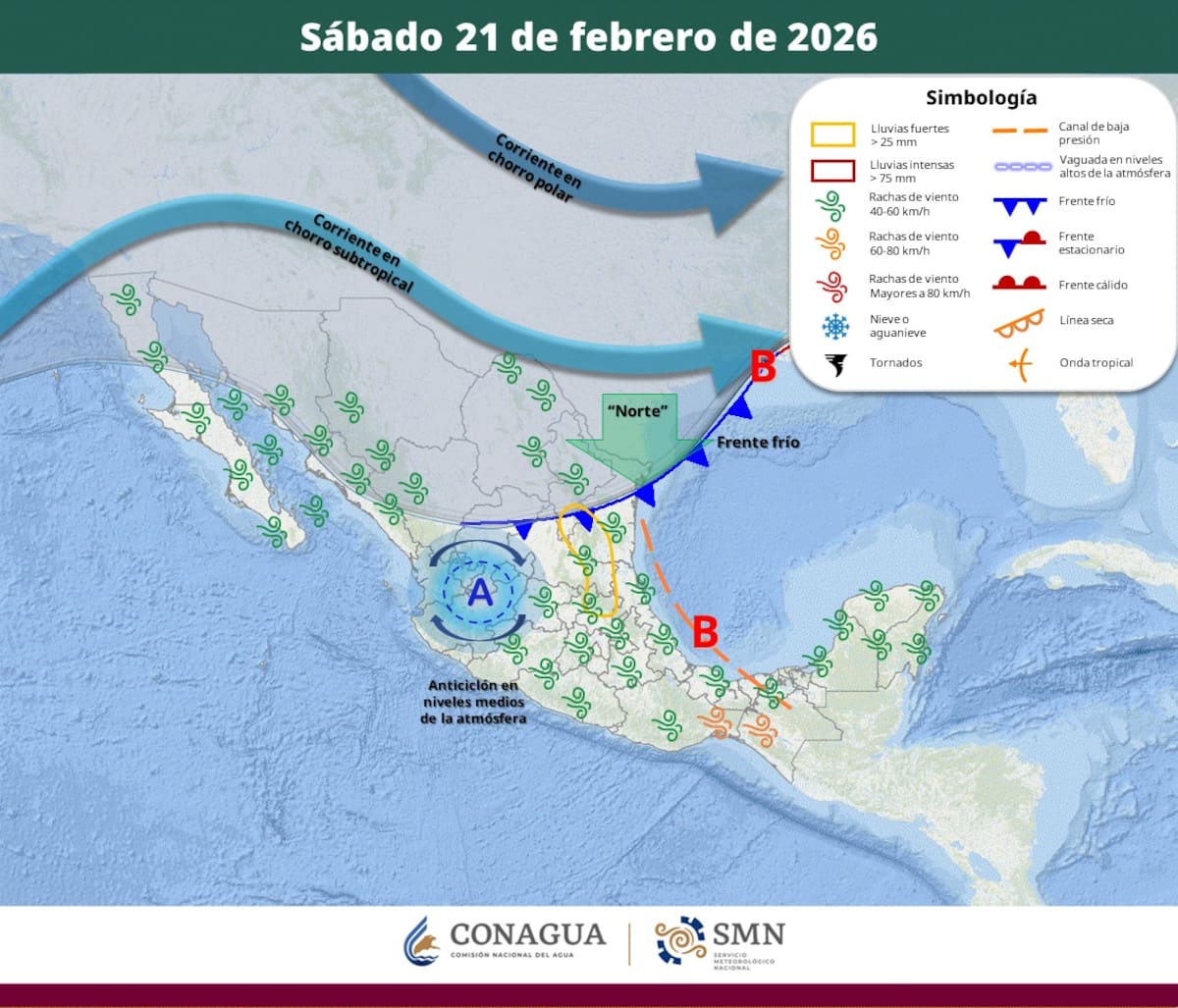 Pronóstico del clima para el sábado 21 de febrero del 2026. | Crédito: SMN
