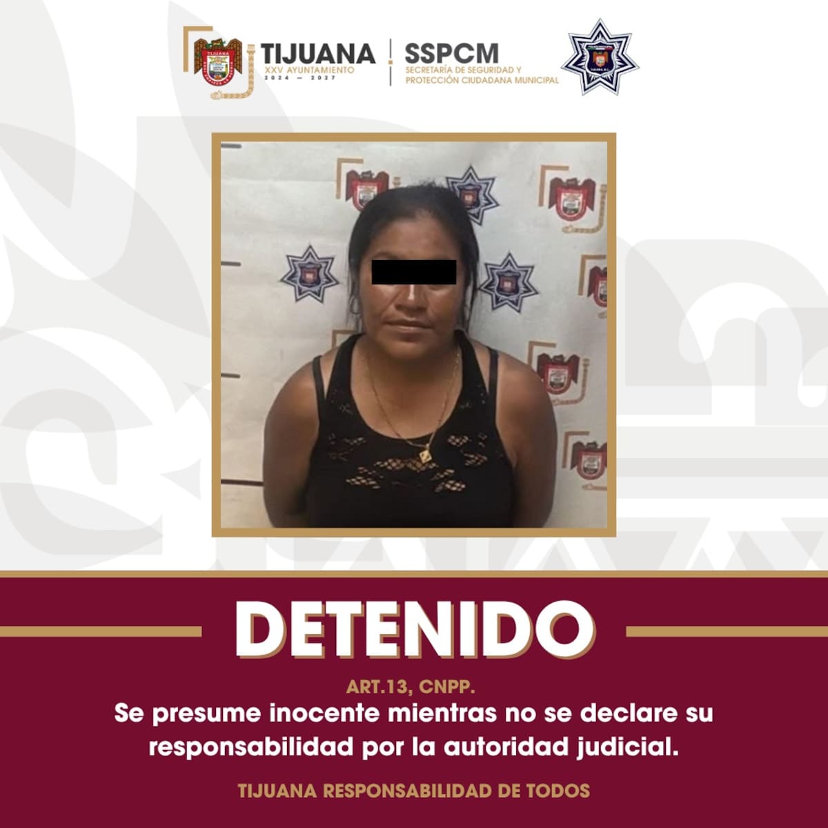 Una mujer de 37 años fue detenida en la colonia Altiplano por su presunta participación en una agresión contra una persona adulta mayor, informó la SSPCM.
Foto: Cortesía.