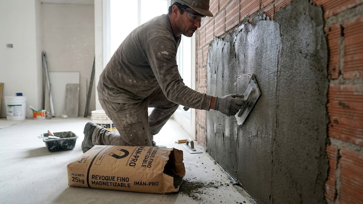 El material puede aplicarse como revoque tradicional, pero incorpora componentes magnetizables de alta potencia.
