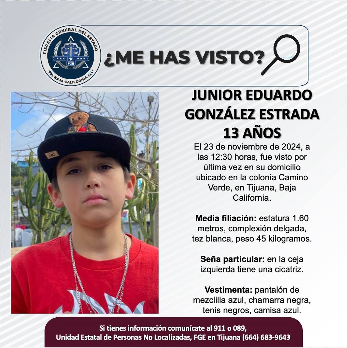 Junior Eduardo González Estrada fue visto por última vez el 23 de noviembre de 2024.