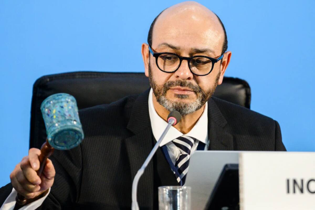 El presidente del INC-5, Luis Vayas Valdivieso, hace descender un mazo, hecho con tapas de botellas de plástico recicladas del vertedero de Dandora en Nairobi, para marcar el acuerdo de que las conversaciones se reanudarán en una fecha posterior, el 2 de diciembre temprano en Busan. / Anthony Wallace-AFP-Getty Images