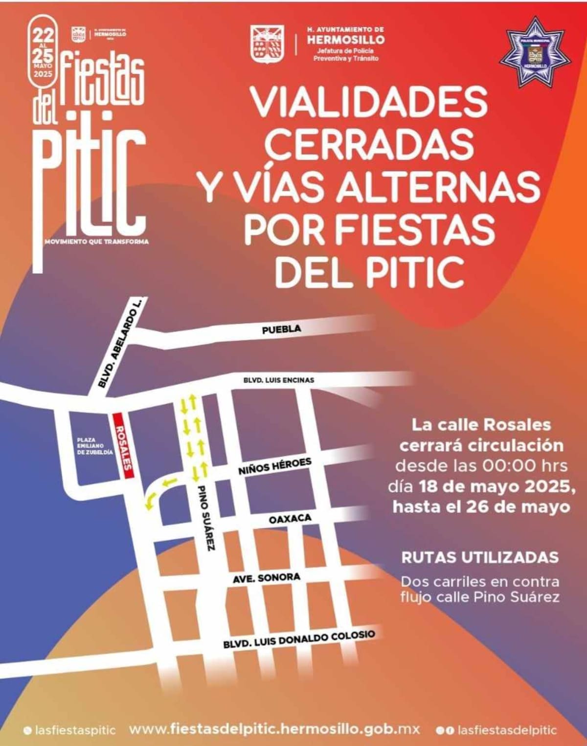 Imagen de las vialidades cerradas y rutas alternas por las Fiestas del Pitic 2025 en Hermosillo, Sonora.