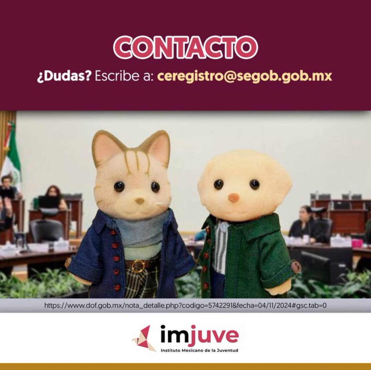 Contacto y dudas para la convocatoria judicial del Imjuve. / Captura de pantalla. @imjuvemx en X