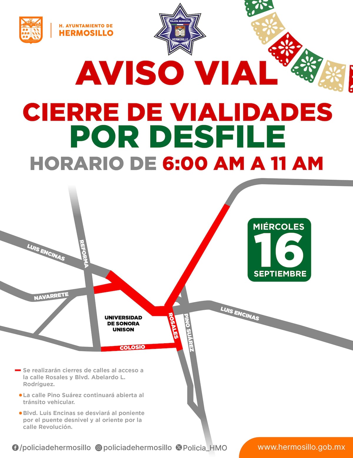 Aviso vial del 16 de septiembre del 2026.