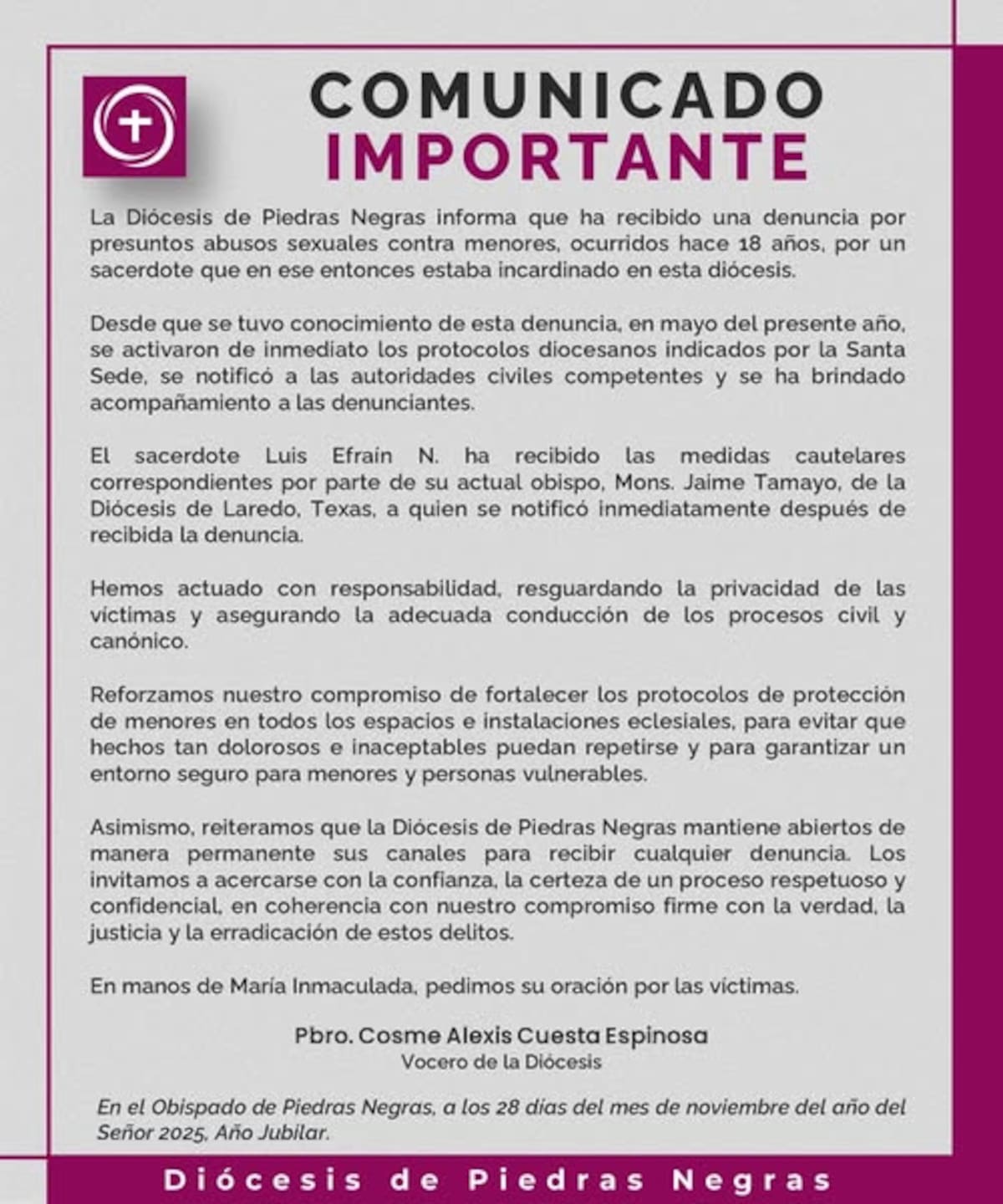 Foto: Diócesis de Piedras Negras