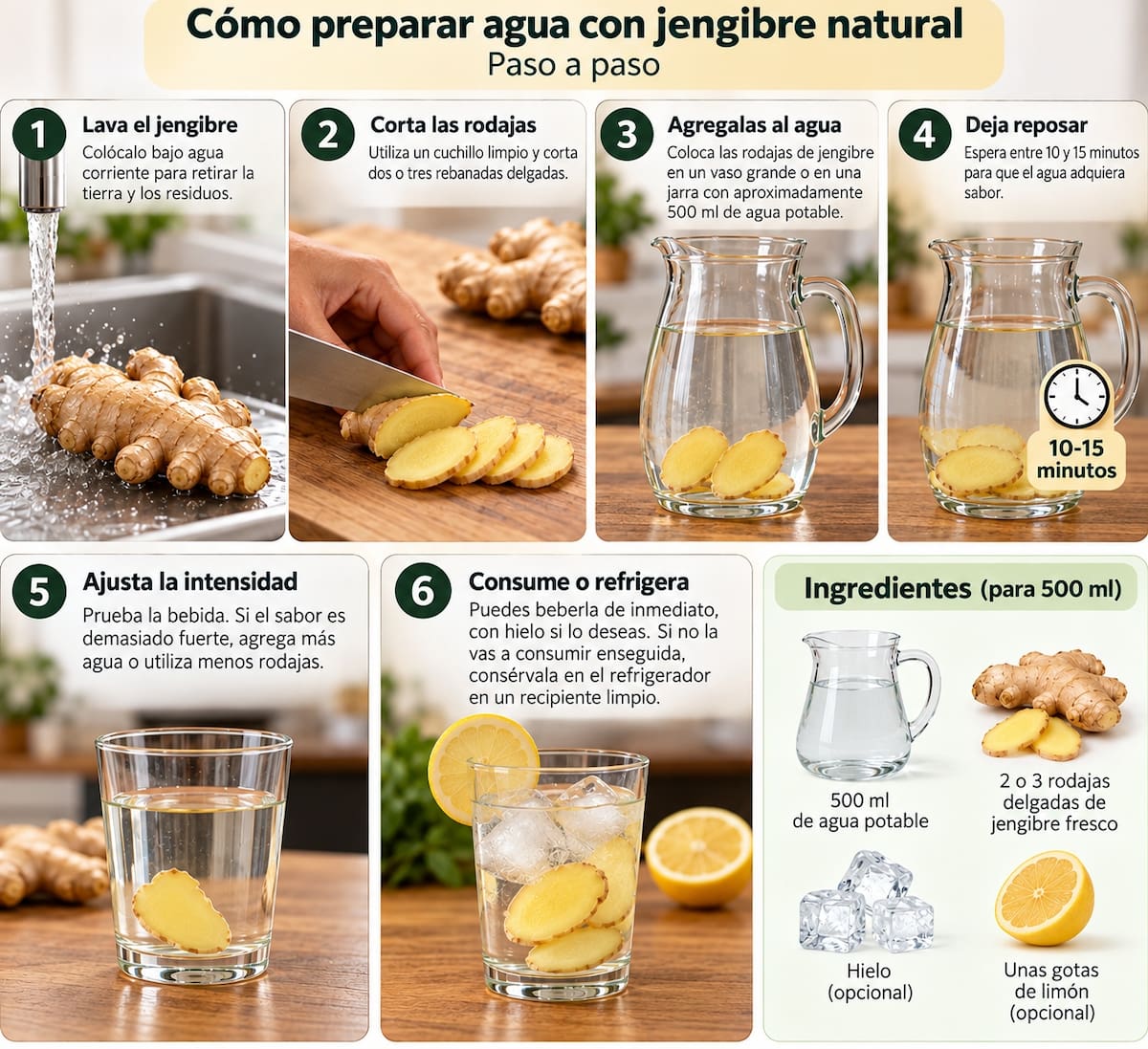Preparar agua con jengibre natural es sencillo: basta con lavar la raíz, cortar dos o tres rodajas delgadas, agregarlas a 500 mililitros de agua y dejarlas reposar entre 10 y 15 minutos antes de consumirla. (Imagen hecha por IA de ChatGPT)