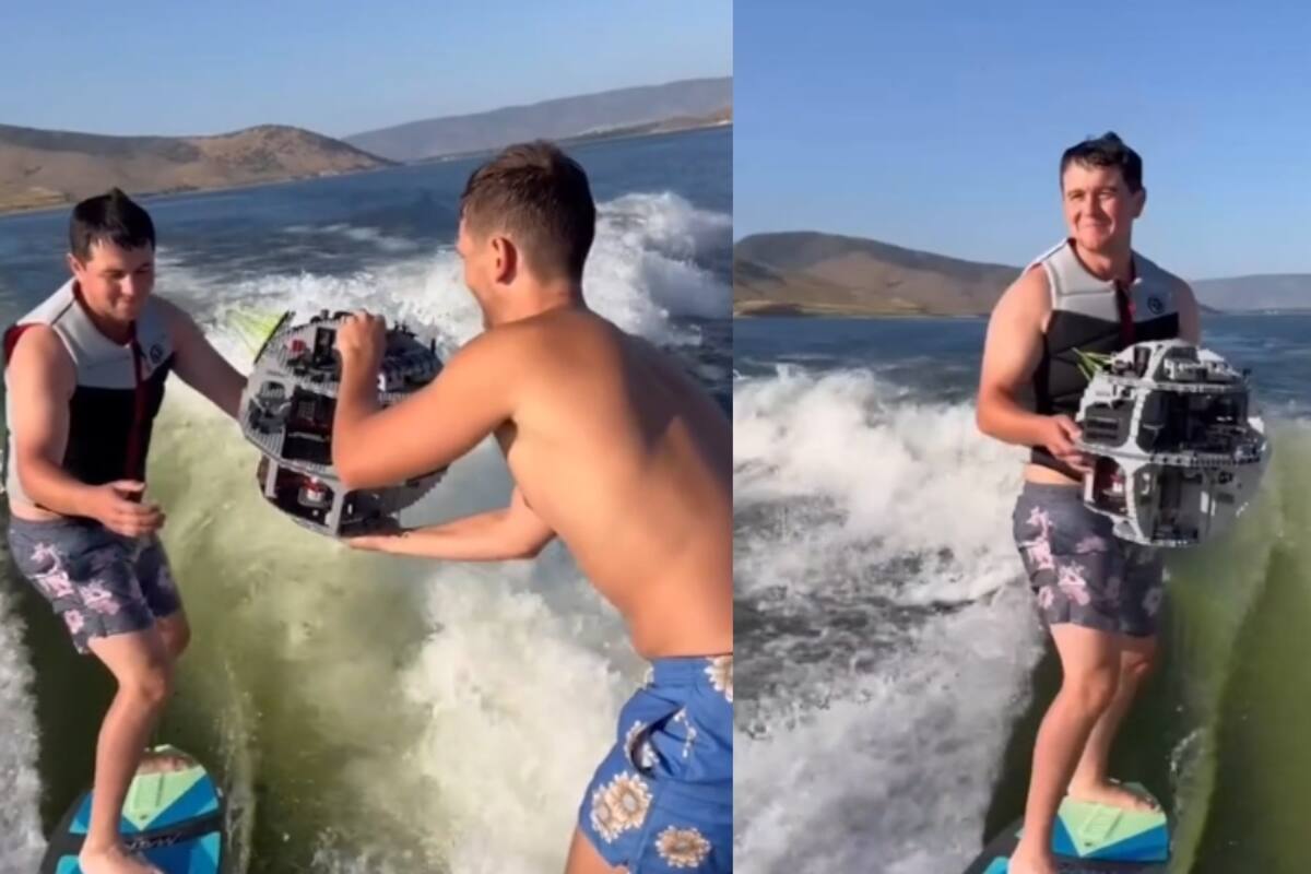 Un hombre se pone a surfear con una réplica en Lego de la Estrella de la Muerte, sorprendiendo a todos