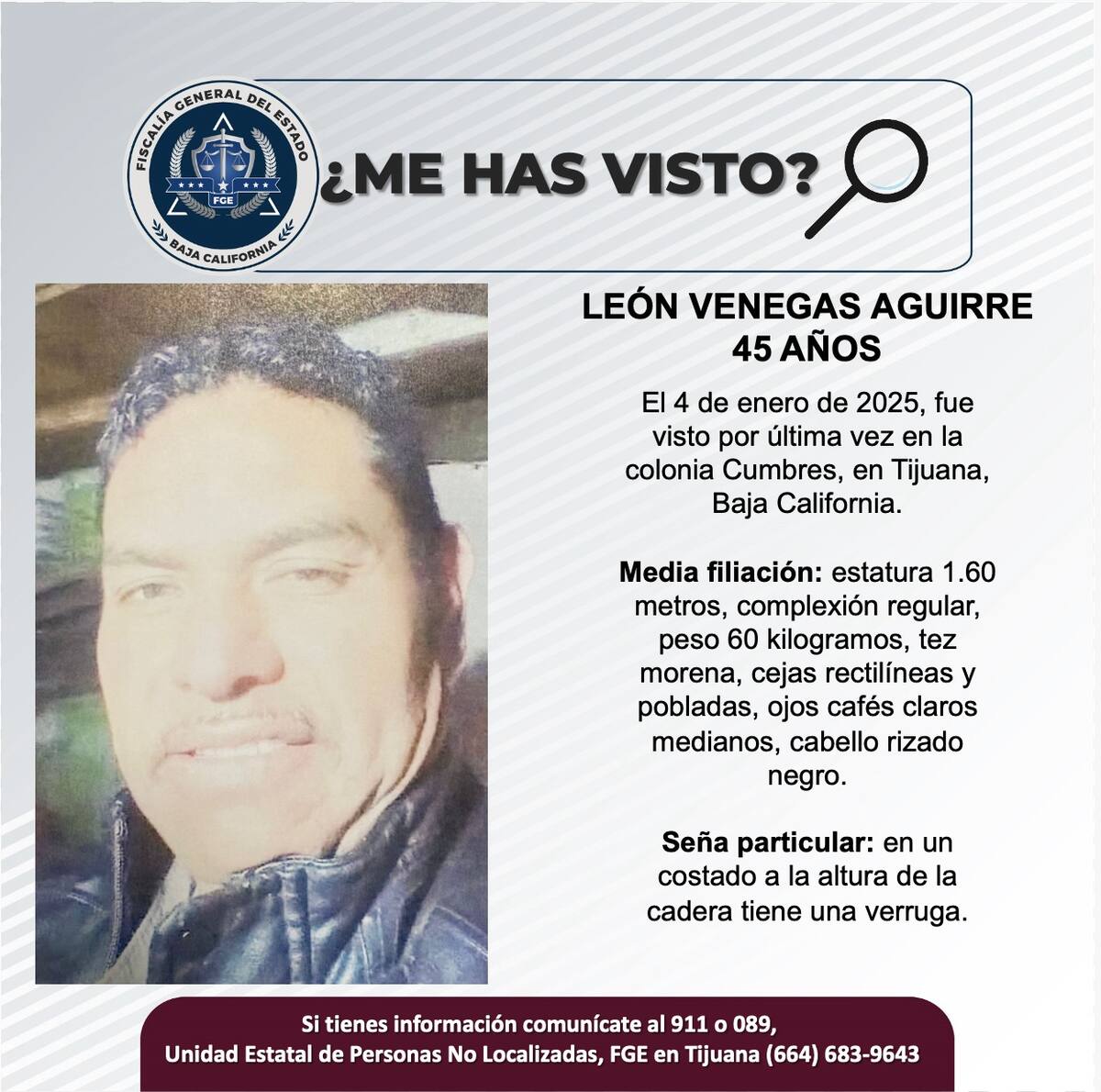 León Venegas Aguirre fue visto por última vez el 4 de enero de 2025.