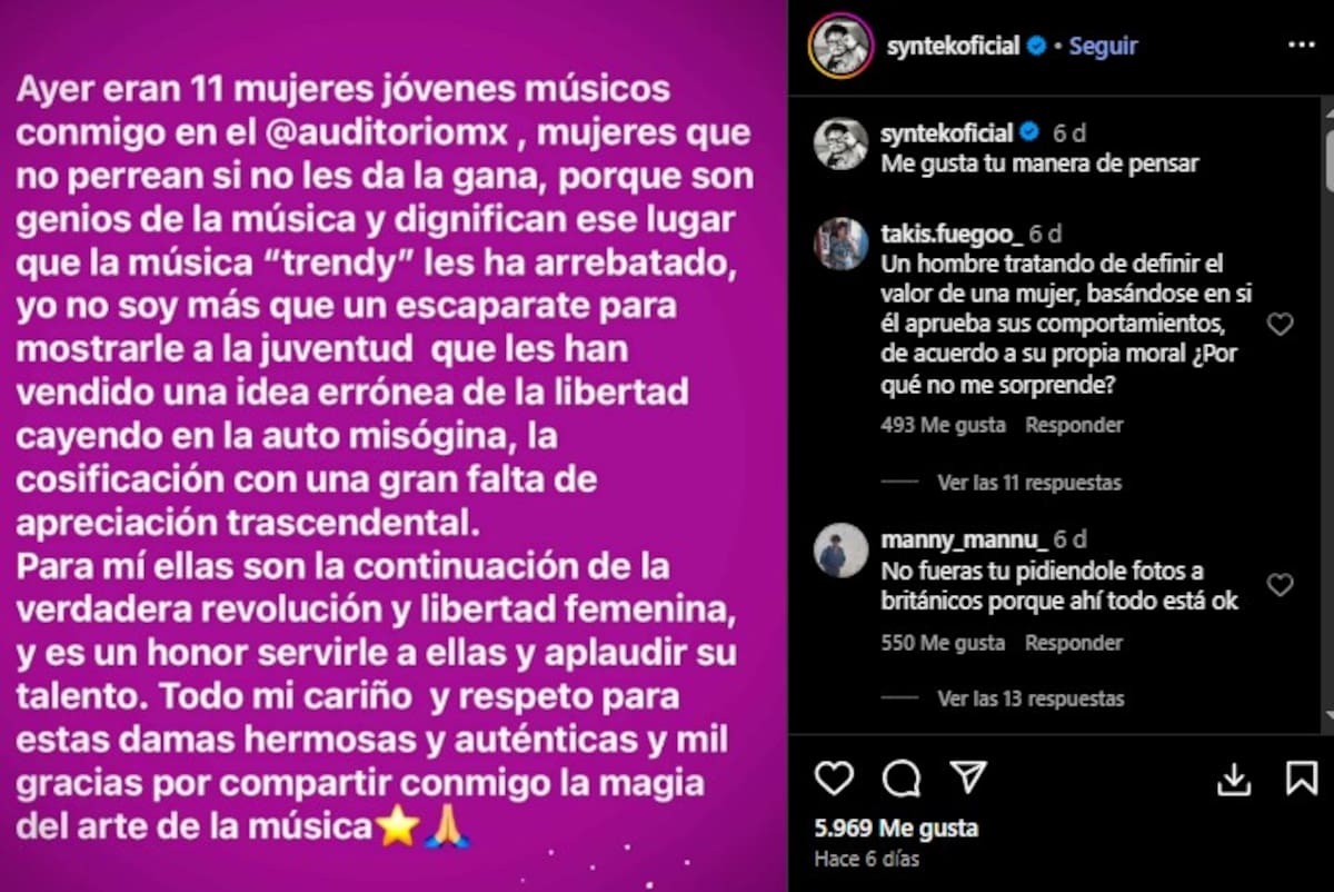 Aleks Syntek vuelve a criticar el reguetón / Instagram @syntekoficial