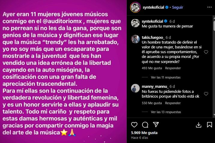 Aleks Syntek vuelve a criticar el reguetón / Instagram @syntekoficial