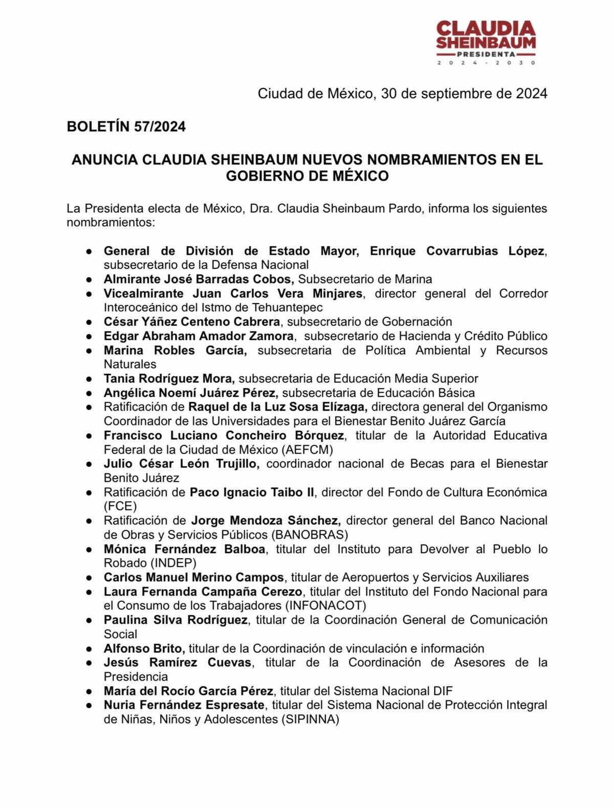 Nuevos nombramientos para el gabinete de Claudia Sheinbaum.