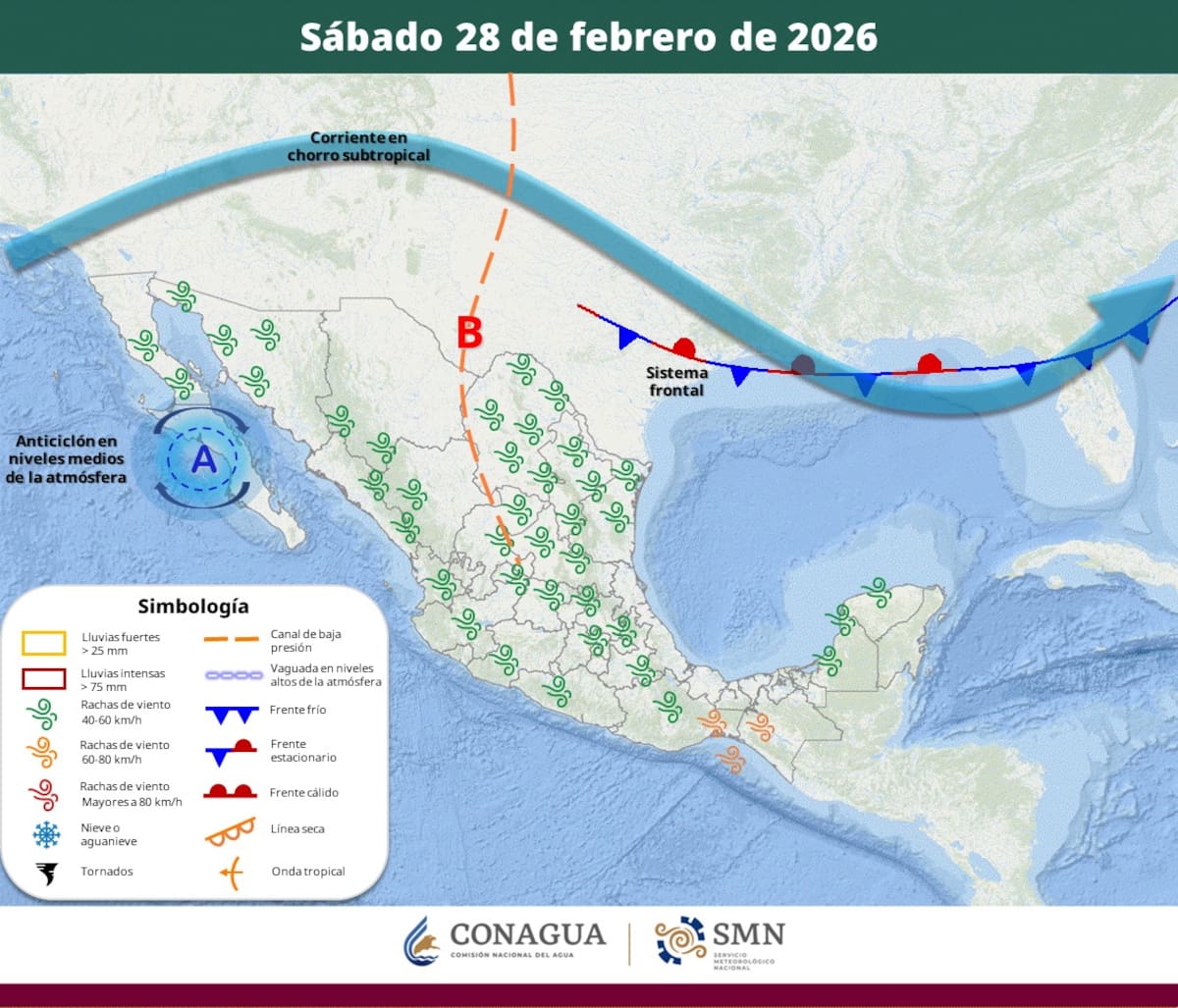 Pronóstico del clima para el sábado 28 de febrero del 2026. | Crédito: SMN
